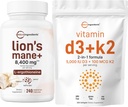 Mikro Malzemeler D3 5.000iu + K2 100mcg Softgels & Lions Mane Supplement 240 Veggie Capsules Paket 2 Pack | Essential Sunshine Vitamins | Superfood Mushroom Antioksis with L-Ergothioneine