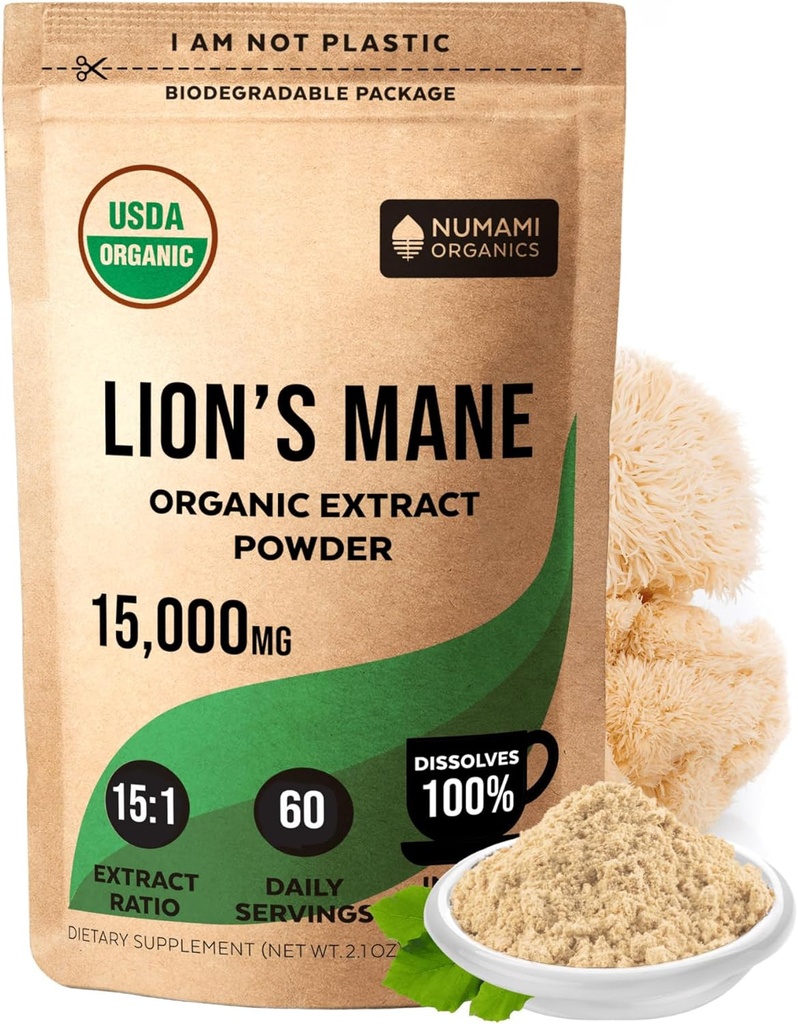 Numami Organik Aslanlar Mane Mushroom Extract Toz | Yüksek Potency için Çift Ekstraksiyon | Günlük Çay Kahvesinde Kolay Engelliler veya Bilişsel Fonksiyonları Geliştirmek için Kolay Engelliler