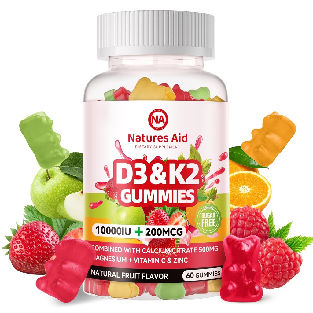 Natures Aid Sugar-Free Vitamin D3 K2 Gummies with Macau + K2 (MK-7), Magnezyum Citrate, C vitamini, Ekstra Kuvvet - Bone Kas Dişleri Immune için Ultimate Abors - 60 Gummies