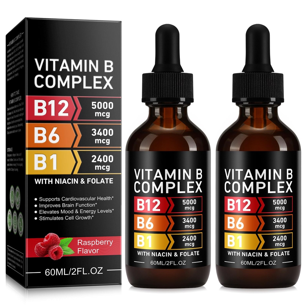 2 Packs Vitamin B12 Complex Drops 5000mcg - Methylcobalamin B12 with B6, B1, Niacin & Folate - Sublingual Liquid Vitamin B for Energy, Brain Function & Heart Health - Raspberry Flavor, 80 Servings
