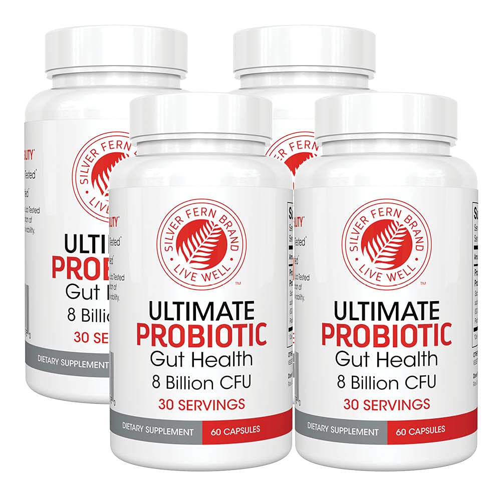 Silver Fern Brand Ultimate Probiotic 4-Pack – Probiotics for Women & Men – 8 Billion CFU Spore-Forming Gut Health Supplement – DNA Verified, Probiotic, Shelf-Stable, High Survivability – 240 Capsules