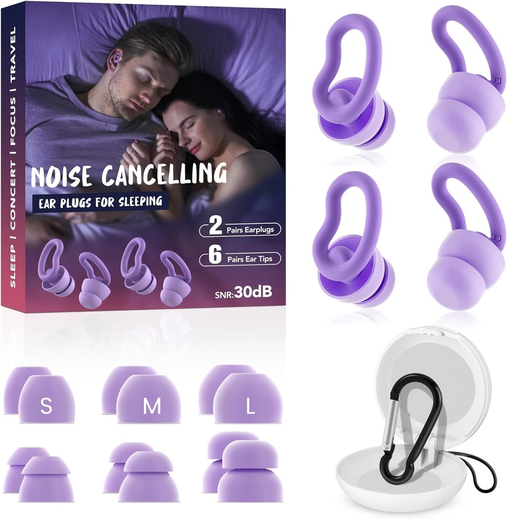 Ear Plugs for Sleeping,Reusable Noise Reduction Ear Plugs for Side Sleepers | 2 Pairs Silicone Ear Plugs, 6 Sizes Ear Tips (Single & Dual Layer), 30dB Noise Cancelling for Snoring,Travel ,Focus&Concerts