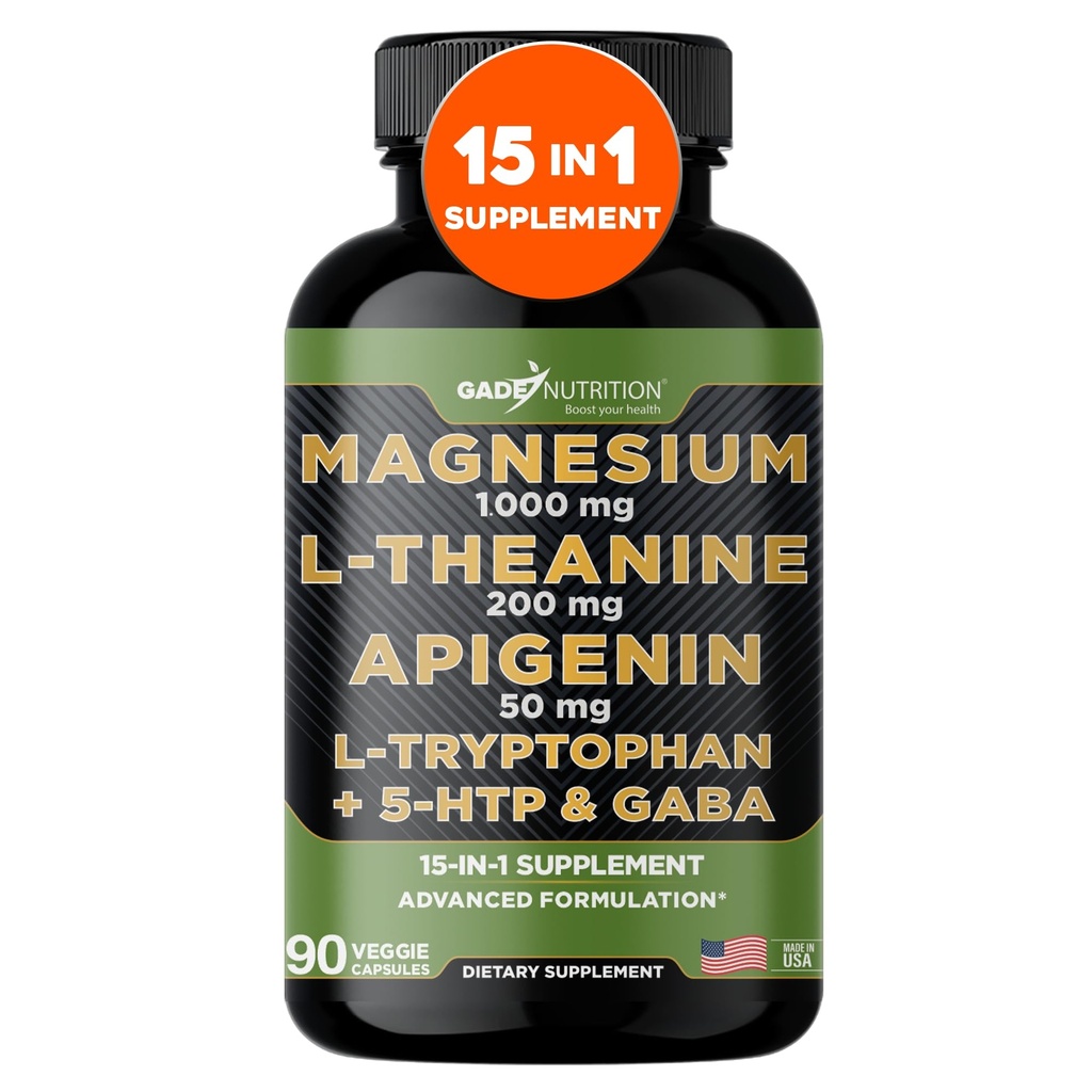 Gade Beslenme Magnezyum Glycinate & Magneisum Supplements with Apigenin, L Theanine 200 mg, 5 HTP, GABA Calm Beyin Takptophan Chamomile