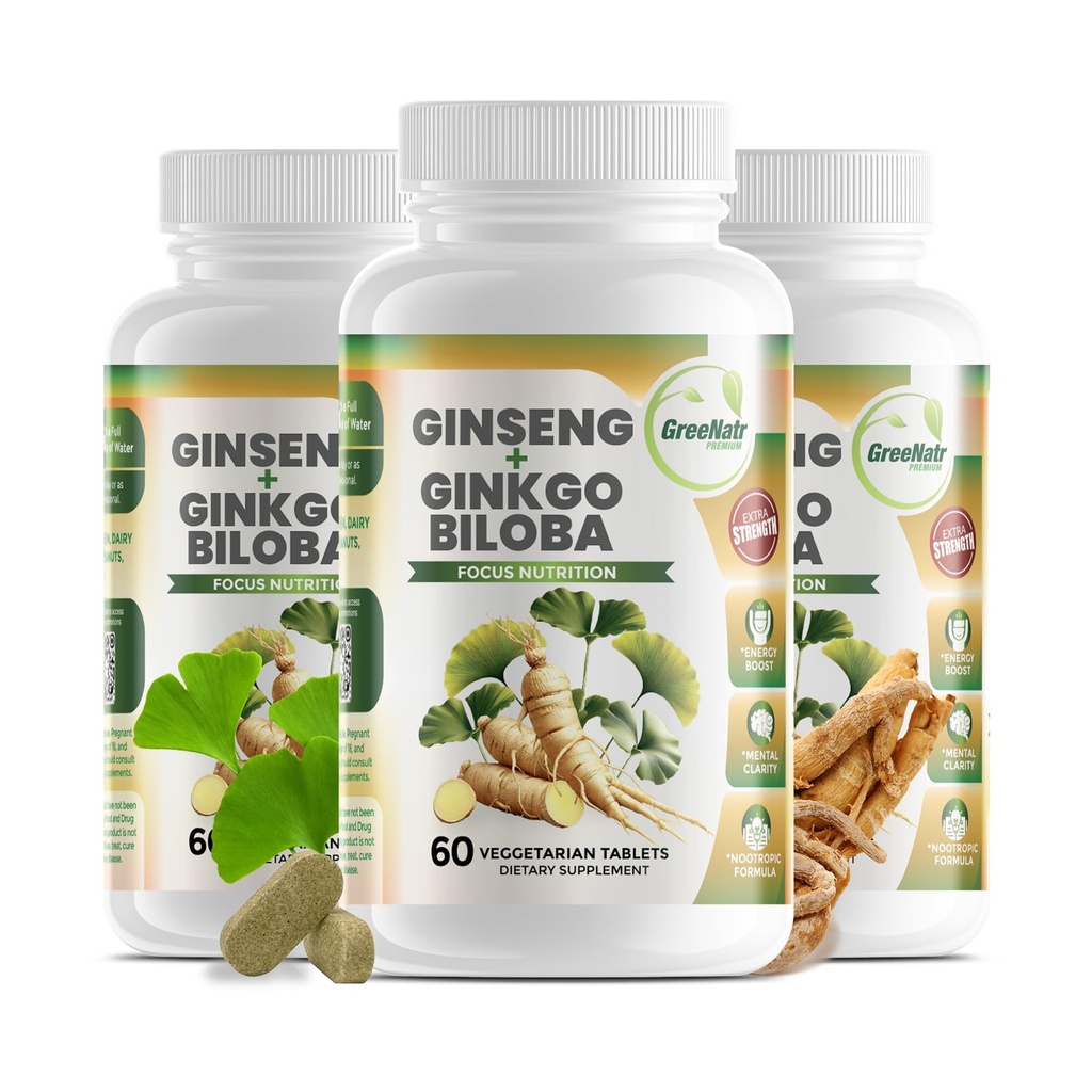 GreeNatr Ginko Biloba & Panax Reality Supplement - Red BTC Beyin Supplement for Memory and Focus - Ginkgo Biloba Supplements for Good Vision, Immune System and Improv Blood Flow - 3 Şişes