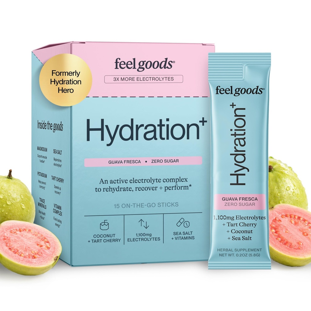Feel Goods Hydration Hero, 1000 mg Electrolytes Toz, Sugar Free, Magnezyum Organic Coconut Water, L Theanine, C & B12, Non GMO, Keto, Vegan, Electrolyte Packets | Guava Fresca, 15 Countets
