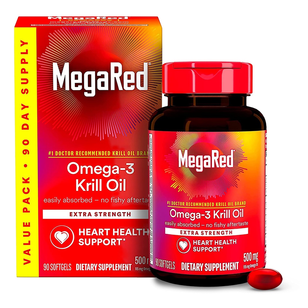 MegaRed Antarctic Krill Oil 500mg Omega 3 Fatty Acid Supplement, Extra Strength EPA & DHA Krill Oil Softgels (90cnt Box), Astaxanthin, Heart Health Supplement with No Fish Oil Aftertaste