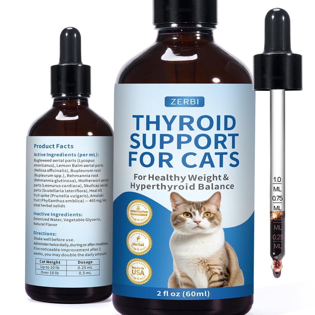 Thyroid Support for Cats, Cat Weight Gainer, Feline Metabolic Health Supplement, with Bugleweed, Lemon Balm & Motherwort - 2 oz Liquid Formula