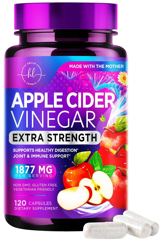 Apple Cider Vinegar Capsules 1877 mg - Ekstra Kuvvet ACV Vitamin D3 & çinko ile piller - Apple Vinegar Pills Supplement for Digestion, Energy & Immune Support, Non-GMO, Şişed in USA - 120 Capsules