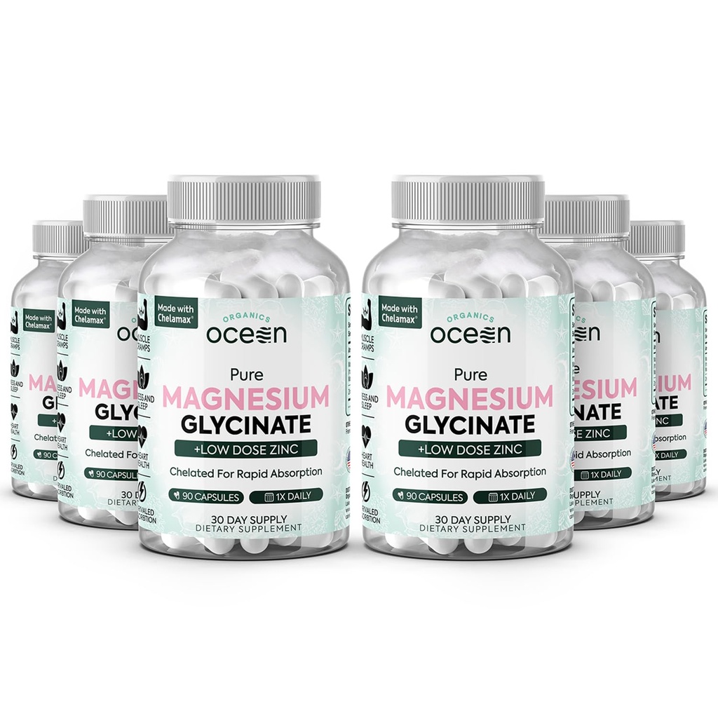 Organics Ocean Pure Magnesium Glycinate with Zinc - Maximum Strength Chelated Magnesium Supplement for Women and Men for Muscle Cramps and Sleep Support - 6 Bottles