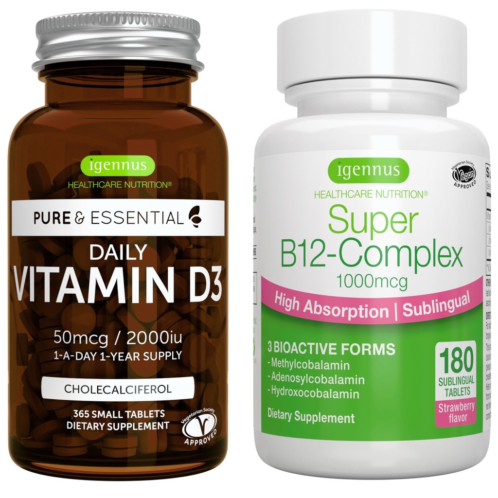 Günlük D3 + Super B12-Complex, Vegetarian Sche, 365 2000iu Vitamin D3 Tablet + Yüksek Absiyon Sublingual B12, by Igennus