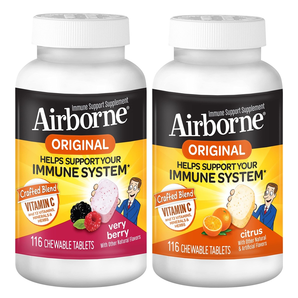 Airborne 1000 mg Vitamin C Chewable Tabletler Citrus & Very Berry Flavor Sche - Immune Support Supplement with çinko and Powerful Antioksi Vitamins A C & E, (2x116ct şişeler)*