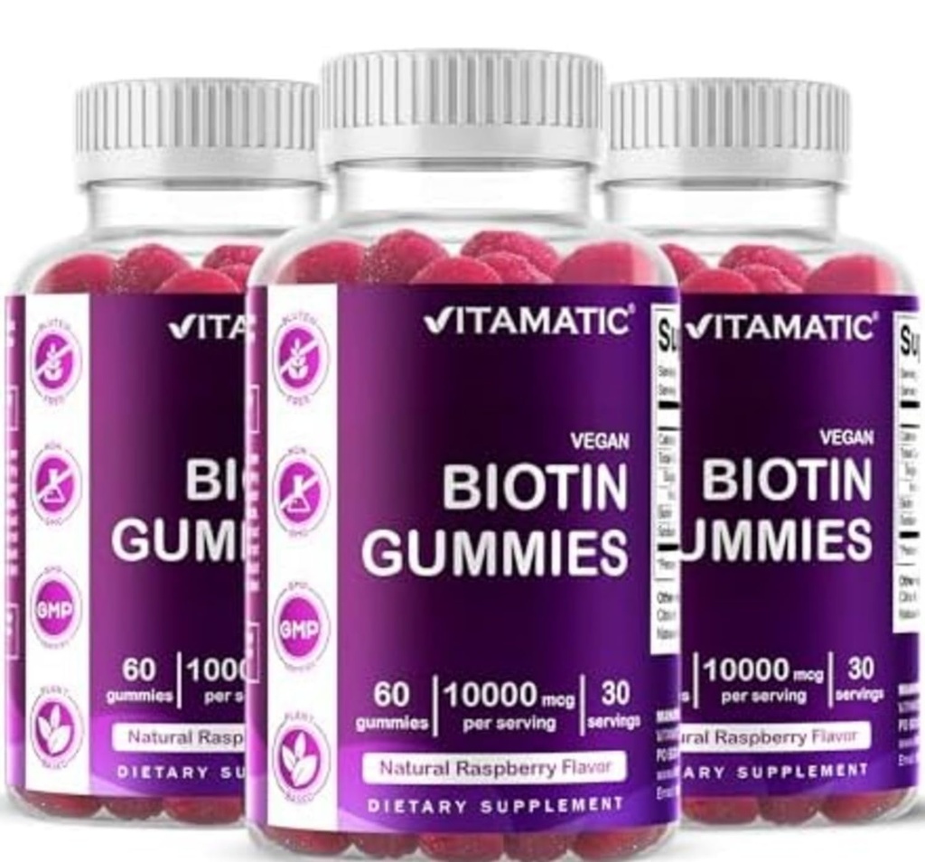 Vitamatic Biotin Gummies 10.000 mcg for Stronger Saç, Skin & Nails - 60 Vegan Gummies - Ayrıca B7 (3 Şişe)