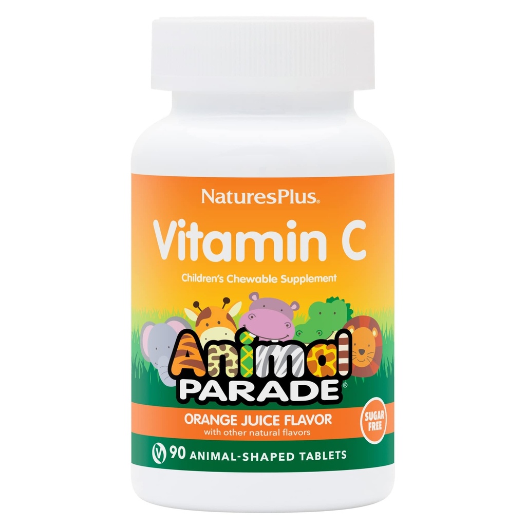Natures Plus Animal Parade Sugar-Free Children's Vitamin C, Natural Orange Juice Flavor - 90 Chewable Animal Şekild Tabletler - Immune Support - Gluten Free - 45 Hizmetler