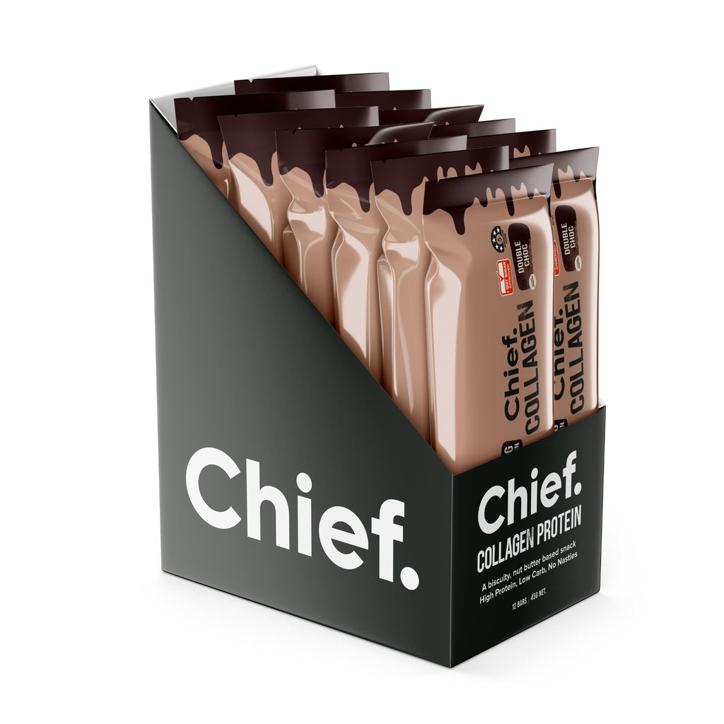 Chief Collagen Protein Bars, 100% Natural Ingredients, Keto & Paleo Friendly Snack, Gluten Free & Low Sugar (Chocolate, 12 Bars)
