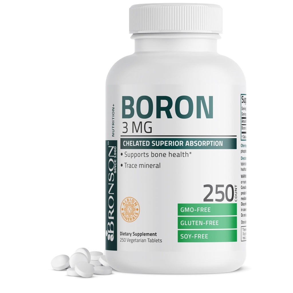 Bronson Boron 3 MG Chelated Superior Abvitamin Desteği Bone Health Trace Mineral, Non-GMO, 250 Vejetaryen Tabletler