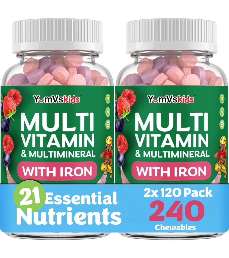 YUM-V'S Kids Multivitamin with Iron - Kids Chewable Multivitamin - Vitaminler + Iron Supplement - 2 Yıl Yaşlı+ için Toddler Vitaminleri, Halal, Gluten Free 120 (Paket 2