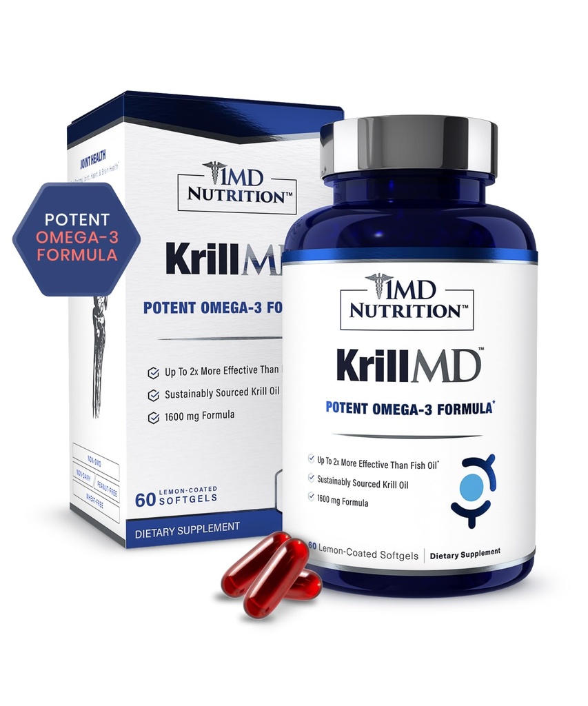 1MD Beslenme KrillMD - Antarktika Krill Oil Omega 3 Supplement with Astaxanthin, EPA, DHA | 2X Daha Etkili Balık Yağı | 60 Softgels