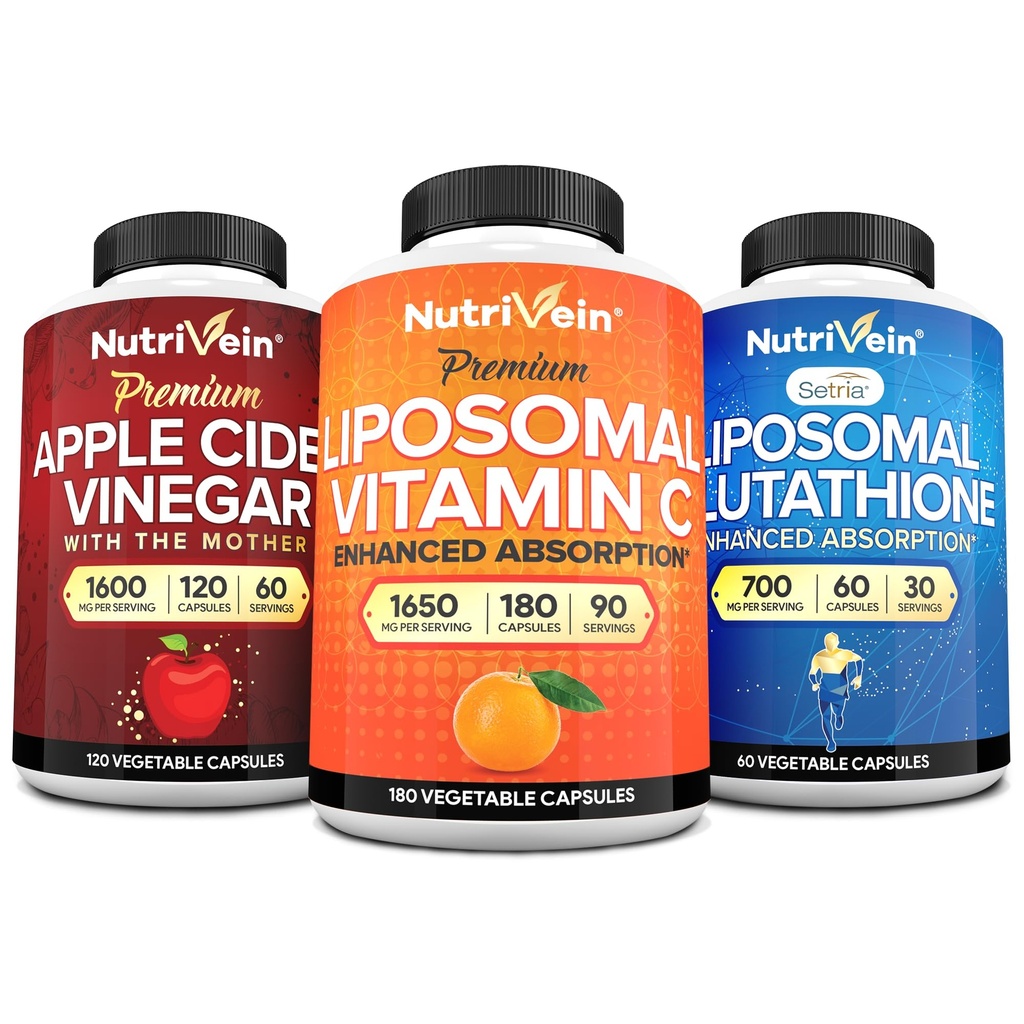 Nutrivein Premium Liposomal Glutathione, Apple Cider Vinegar Capsules & Vitamin C Supplement Sche: C, ACV Capsules, & Glutathione Supplement Sche for Cellular Defense & Detox