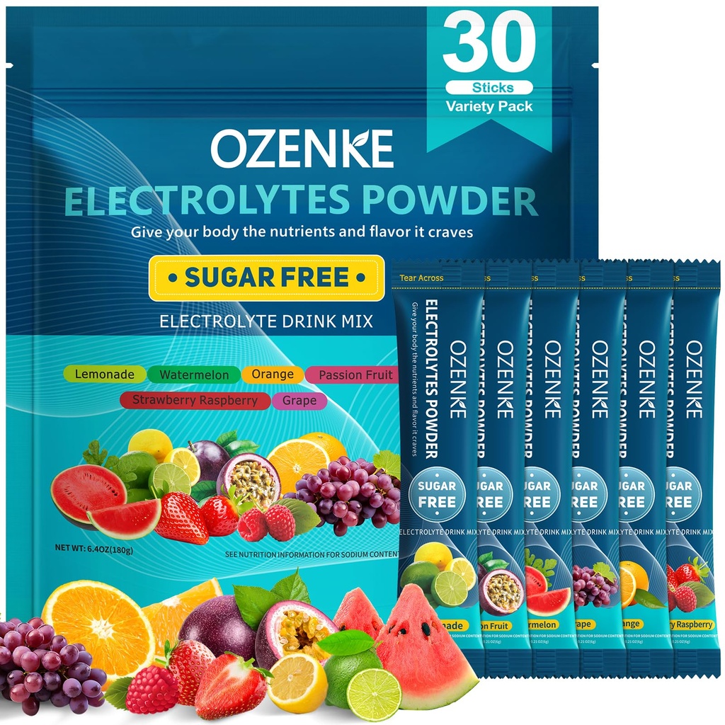 Elektrolytes Toz Paketleri, 30 Sticks Hydration Packets Sugar Free, Electrolyte Drink Mix Travel Electrolyte Packets for Rapid Hydration, 6 Flavors