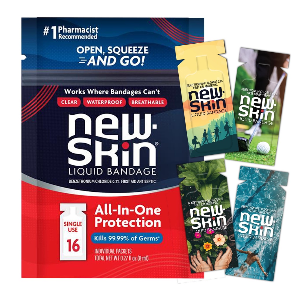 New-Skin Single Use Liquid Bandage Packets, Cuts, Blisters, Waterproof,16ct | Single-use liquid bandage packets seal and protect minor cuts, scrapes and blisters with waterproof antiseptic coverage.