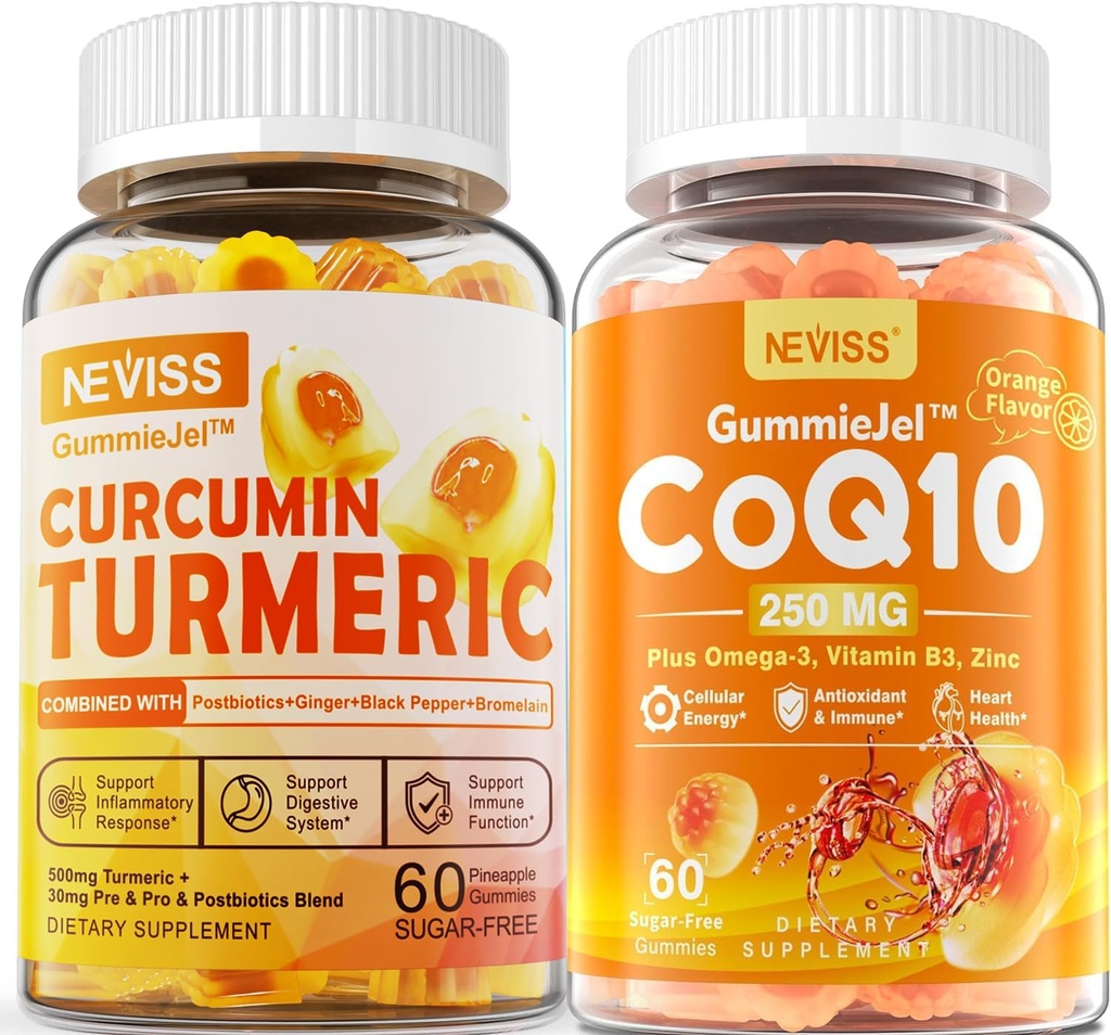 Sugar Free Turmeric Curcumin Filled Gummies 550 mg & CoQ10-250 mg Filled Gummies, Immune, Digestive Health, Cellular Energy & Antioksi Support