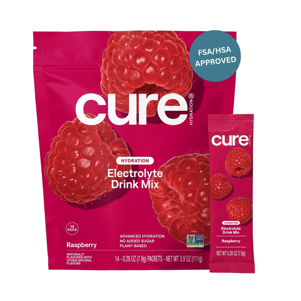 Cure Hydration - Electrolyte Drink Powder Raspberry 14 Packets | Plant-Based Dehydration Relief Mix Made with Coconut Water, No Added Sugar, Vegan, Non-GMO, Gluten Free, FSA-HSA Eligible