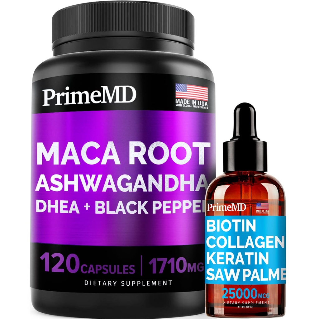 4-in-1 Liquid Biotin Collagen Keratin Saw Palmetto Drops (2 fl oz - 1 Pack) & 6in-1 Maca Root Ashwagandha w Black Pepper Meyvesi (120ct) Sche - Saç, Skin, Nails, Enerji & Mood Support Supplement