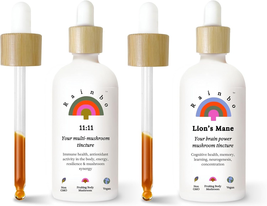 Rainbo Fan Favorite Sche, 11:11 Multi Mushroom Extract + Lion's Mane Mushroom Tincture, Dual Extract Daily Mushroom Tinctures for Comprehensive Immune Support, Vegan Liquid Mushroom Supplements
