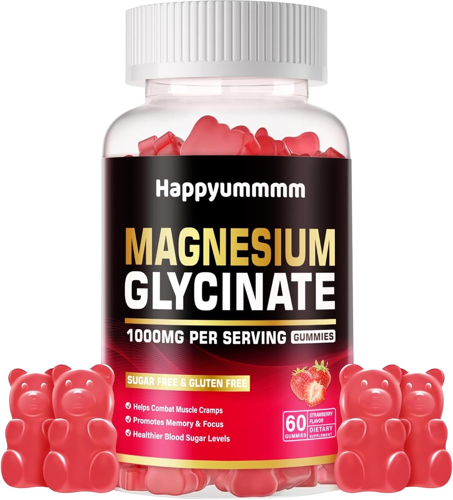 Magnezyum Glycinate Gummies 1000 mg - Sugar Free Magnezyum P Properties Supplement with Vitamin D, B6, CoQ10 for Calm Mood & Sleep Support - 60 Strawberry Gummies.