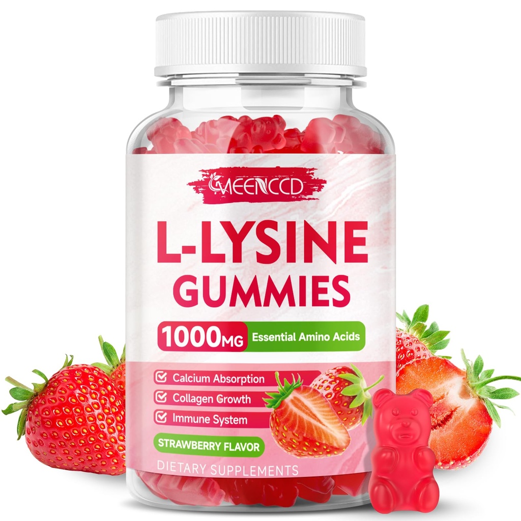 L-Lysine 1000mg Gummies, Lysine Supplement for Adults & Kids, Essential Amino Acid Supplement for Oral & Lips Health, Boost Immune & Calcium & Collagen, Sugar-Free, Strawberry Flavor, 60 Count