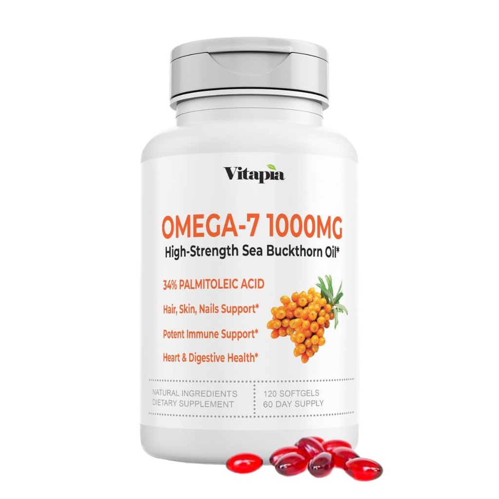 Vitapia Omega 7 Sea Buckthorn Berry Oil 1000mg for Hair, Skin, Nails, Heart Health Support - % 34 Palmitoleic Acid & Natural Omega 3 6 9 Fatty Acids Supplement - 120 Capsules, Non-GMO, Gluten-Free-GMO, Gluten-Free-Free-GMO, Gluten-Free-GMO