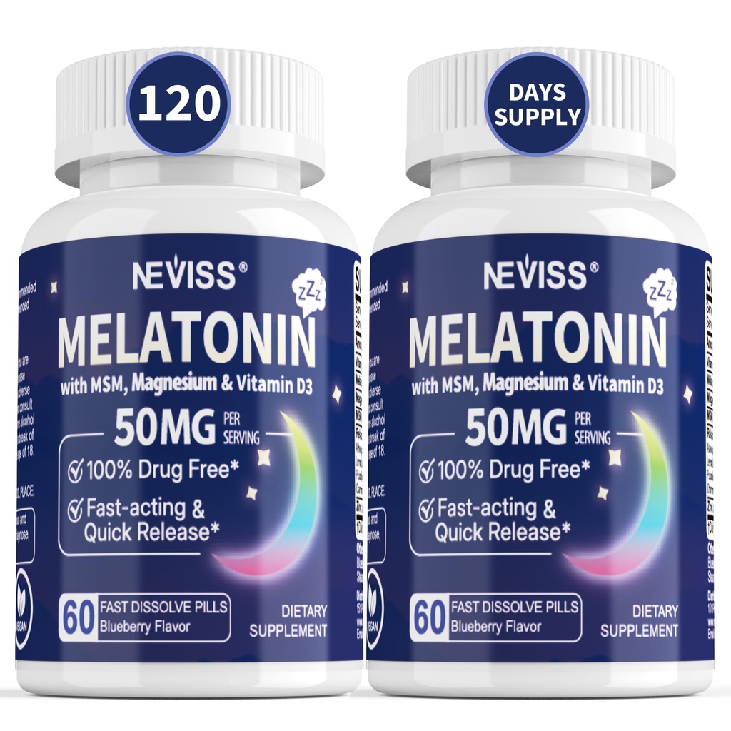 NEVISS Melatonin 50 mg for Yetişkinler - Ekstra Kuvvet 9-in-1 Hızlı Dissolve Sublingual - Yüksek Dose with Magnezyum Glycinate, Vitamin D3, Ashwagandha, Lemon Balm, Chamomile, Sugar Free,Vegan 120 Tablet
