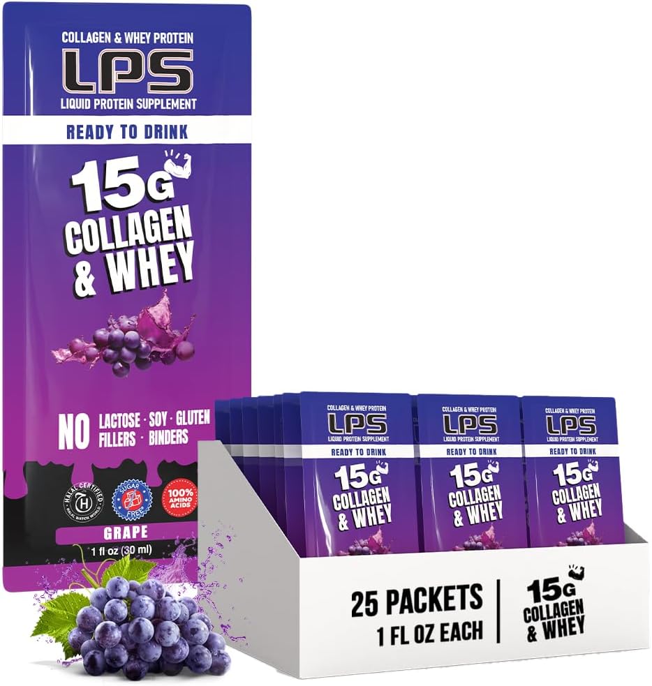 Beslenme Tasarımları LPS Sıvı Collagen & Whey protein Supplement - Non-GMO Drink, Sugar-Free - Erkekler ve Kadınlar için sağlıklı Skin & Saçları teşvik eder, Grape, Single Care (25 Packets)