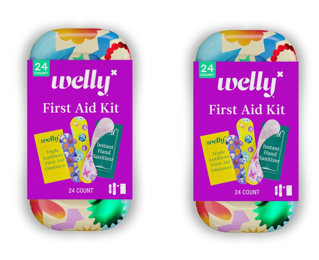 Welly Quick Fix, On The Go First Aid Kit, Assorted Bandages, Ointments, and Hand Sanitizer, Three Color Bandages - 2 Pack