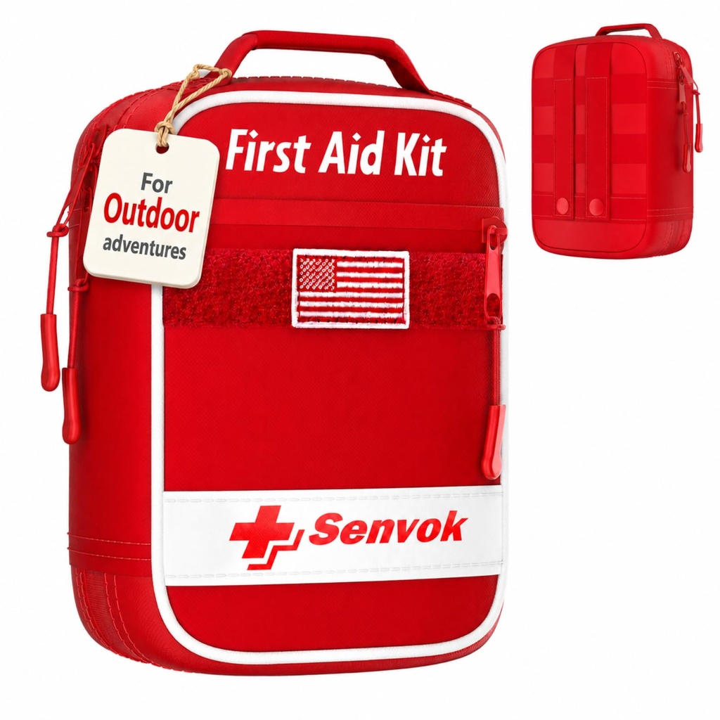 Senvok Small First Aid Kit for Car, Camping, Outdoor-with Color-Coded Lable | Fit for 1-2 people, 121pcs Molle Emergency Survival Kit with Zip Stitch Wound Closure, TQ, Compact to Fast Respond