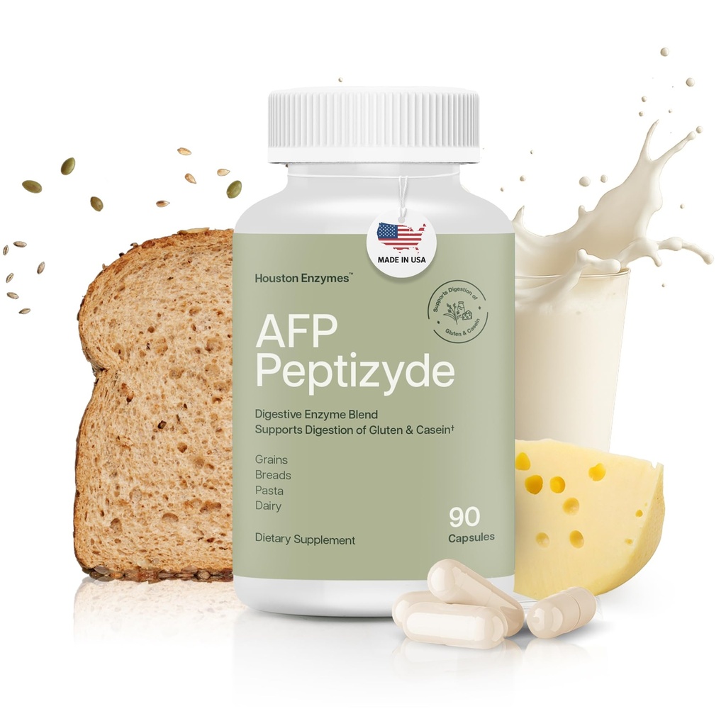 Houston Enzymes AFP Peptizyde - Protein, Casein & Gluten Proteinler için Enzim Enzyme Kombinasyon - Kadınlar ve Erkekler için (90 Capsules)