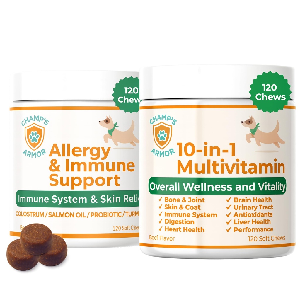 Dog Multivitamin Bundle - Champ's Armor Allergy & Immune Chews + 10-in-1 Supplement | Hip Joint, Skin Coat, Digestive Health Support for Dogs