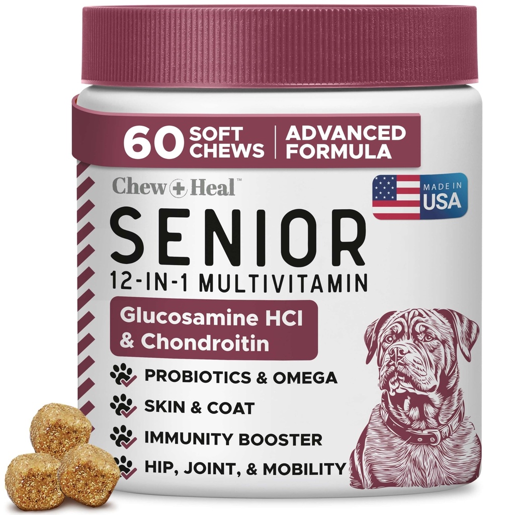CHEW and HEAL Senior 12-in-1 Advanced MULTIVITAMIN Soft Chews Supplement for Senior Dogs, | Hip and Joint Support, Advanced Formula with Glucosamine, Omega 3, 6, 9, Vitamins, & Probiotics
