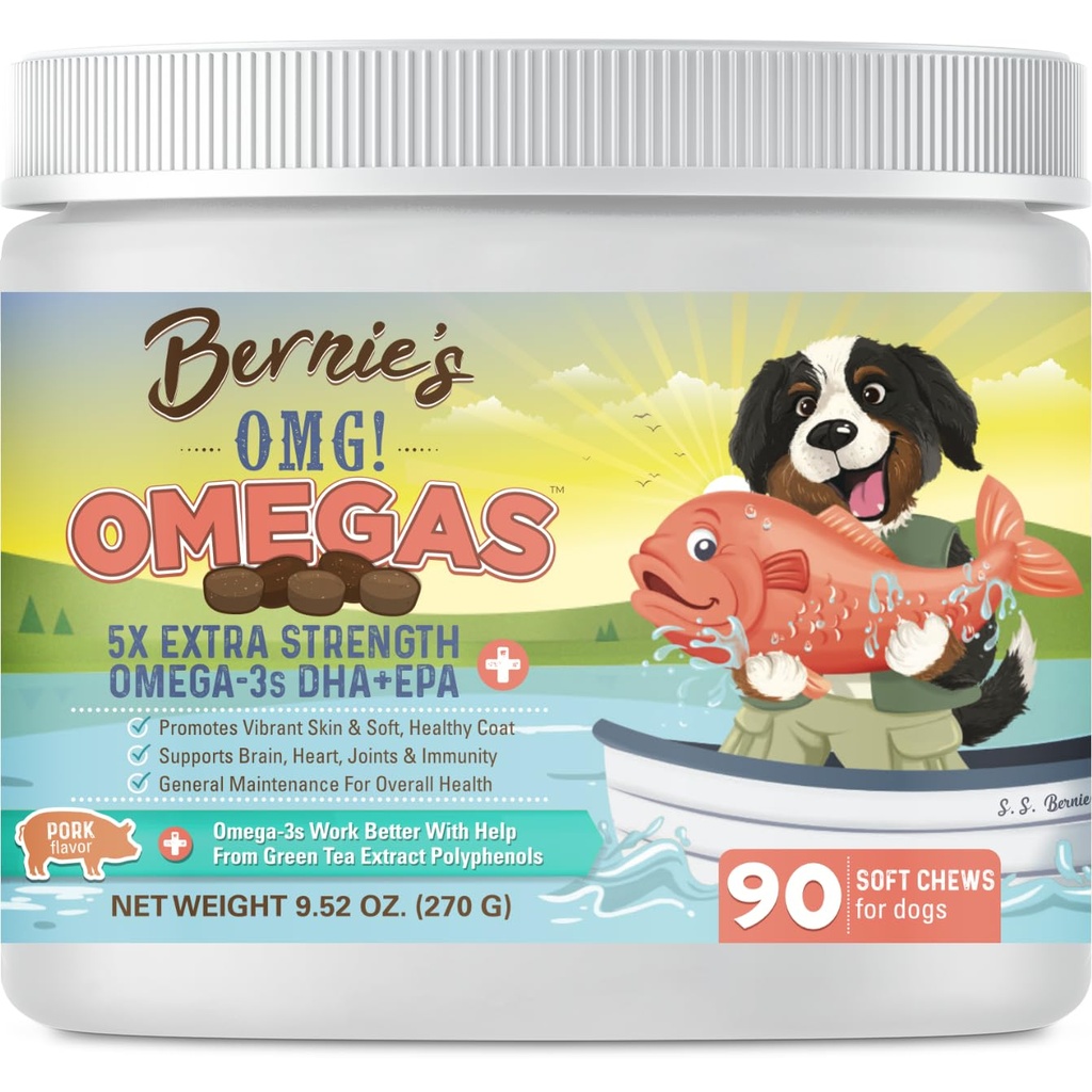 Bernie's OMG! Köpekler için Omegas Chews - 5X Ekstra Kuvvet DHA+EPA, Fish Oil, Sağlıklı Skin & Coat, Antivirüs Yardımı, Ortak Supplement (Pork Flavor)