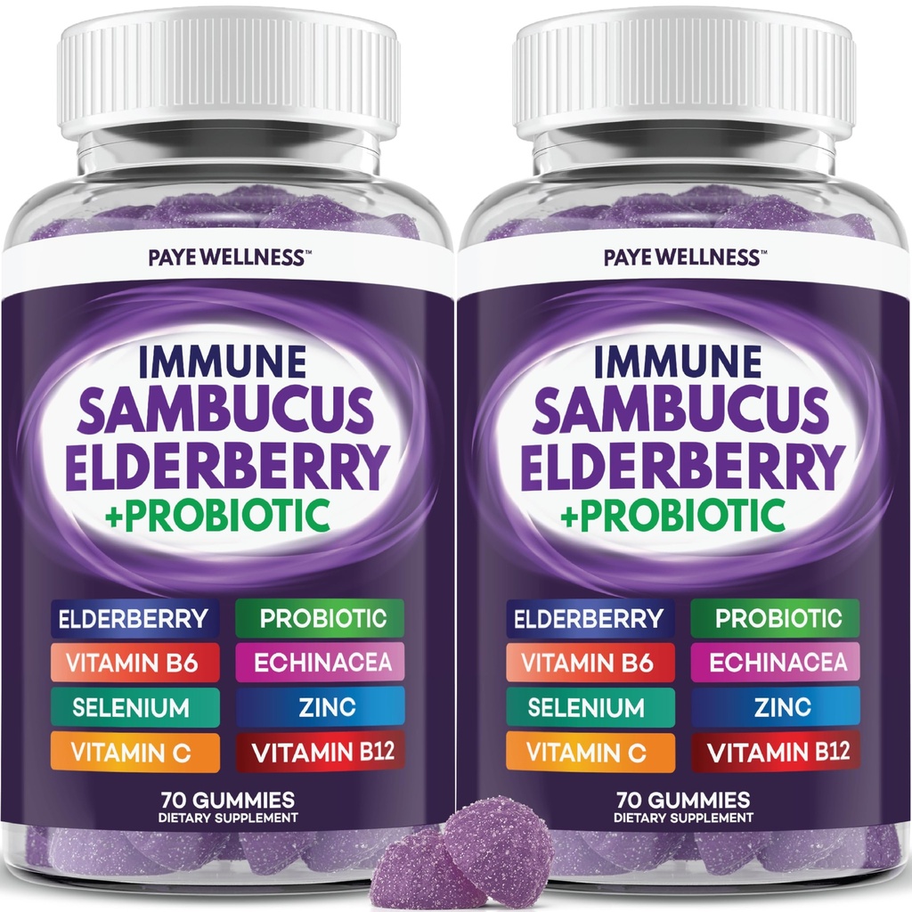 Yaşlı Gummies Immune Support, Çocuklar ve Yetişkinler için Günlük Destek*, Sambucus Elderberry, çinko, C, D3, B6, B12, Plus - Diyet Tamam - 140 Kont