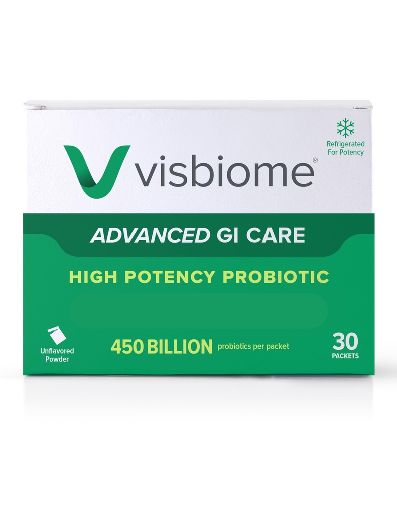 Visbiome® Advanced GI Care - Yüksek Potency Probiyotik 450 Milyar Güçlü - 30 Packets Unflavored Toz - Orijinal De Simone Formulation - Shinpped Cold in Recyclable Forest with Sıcaklık Monitor.