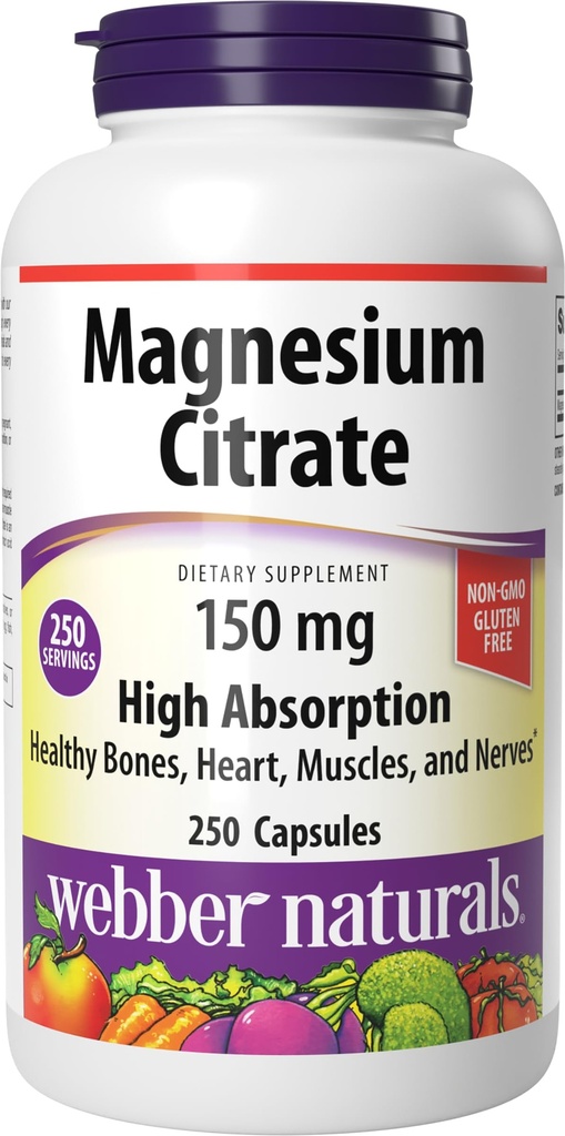 Webber Naturals Magnezyum Citrate, 150 mg Per Capsule, 250 Capsules, High Aborpsiyon, Kemikleri, Dişleri ve Proper Muscle & Heart Function, Gluten & Dairy Free