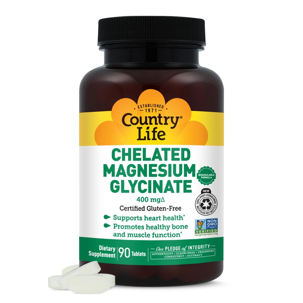Country Life Chelated Magnesium Glycinate 400mg – High Absorption Magnesium for Calm, Muscle Relaxation, Energy & Bone Support – Certified Gluten-Free, Vegan, Kosher, Non-GMO – 90 Tablets