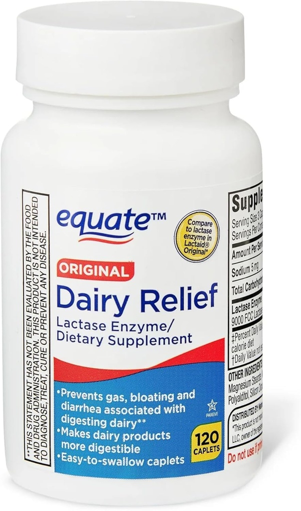 Dairy Relief Caplets, Original, Lactase Enzyme, 120 Pills by Equate (Pack of 1) + Style