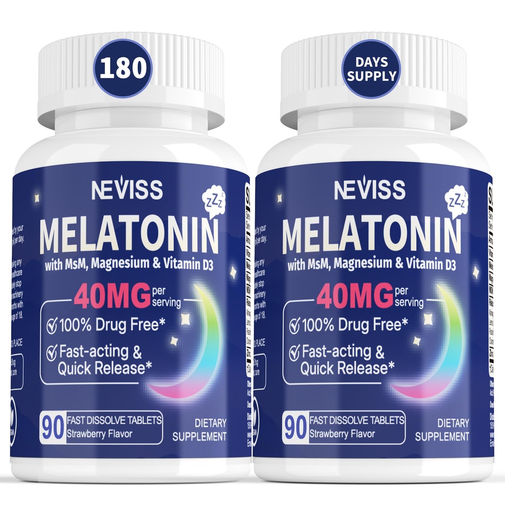 Yetişkinler için Melatonin 40 mg - Hızlı Dissolve & Chewable Sublingual Sleep Supplement - Ekstra Kuvvetli Melatonin D3 & MSM, Selenium for Health Rest Cycle, Deep Zzzs, Sugar-Free, 180 Servisler