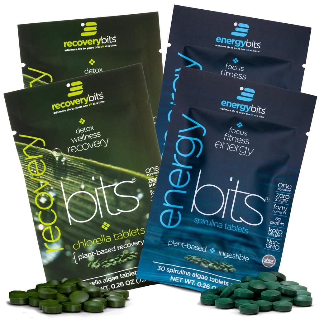 ENERbitler/RECOVERYbits - Organik Spirulina & Chlorella Tabletler - Tek Bir Örnek Paketler - Algae Superfood - Yüksek protein, Chlorophyll - Self Care - Vegan, Keto, Gluten Free - 4 Çanta, 30/Bag