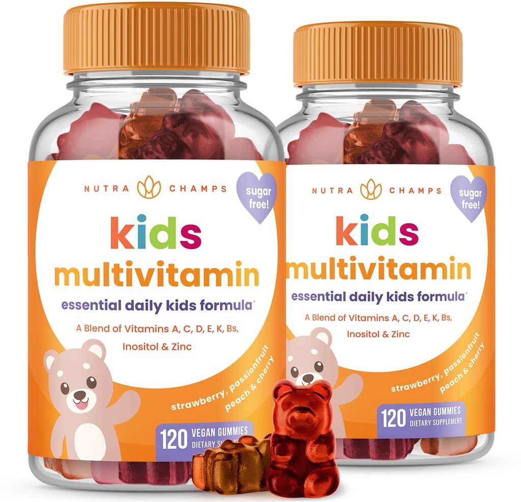 NutraChamps 120 Gummy Vitamins for Kids (Pack of 2), Sugar Free Kids Vitamins Gummy Multivitamin, Vegan & Non-GMO, Strawberry, Passionfur, Peach & Cherry