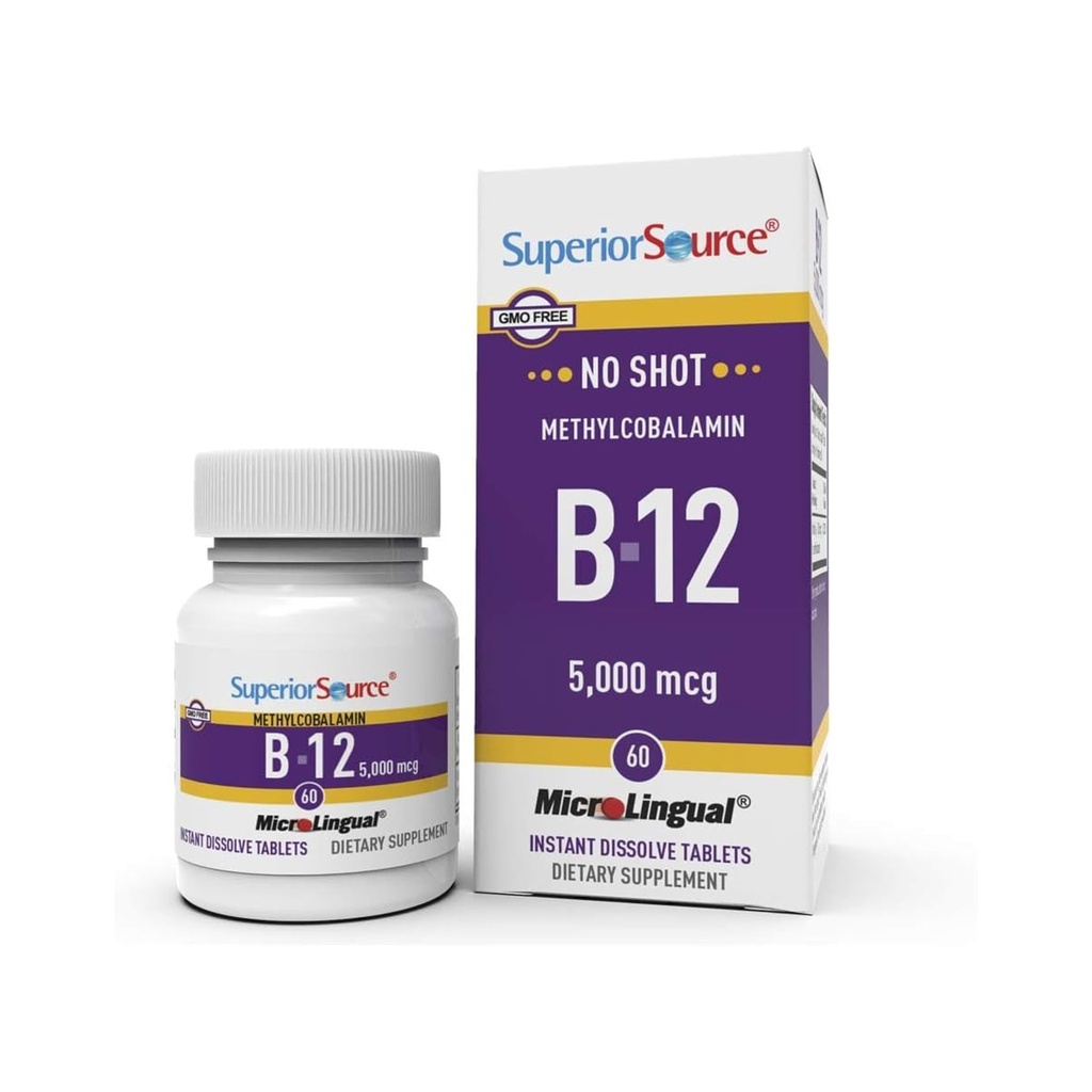 Üstün Kaynak No Shot Mecobalamin B-12 5000 mcg - Vitamin B-12 Enerji Üretimini Desteklemek için, Beyin Sağlığı ve Genel Wellness - Hızlı Absorpsiyon için Sublingual Tabletler - 60 Çözme Tabletleri