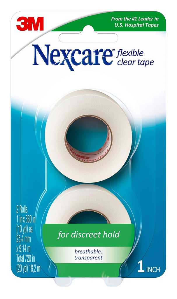 Nexcare Flexible Clear Tape, Waterproof Transparent Medical Tape, Secures Dressings and Catheter Tubing - 1 In x 10 Yds, 2 Rolls of Tape