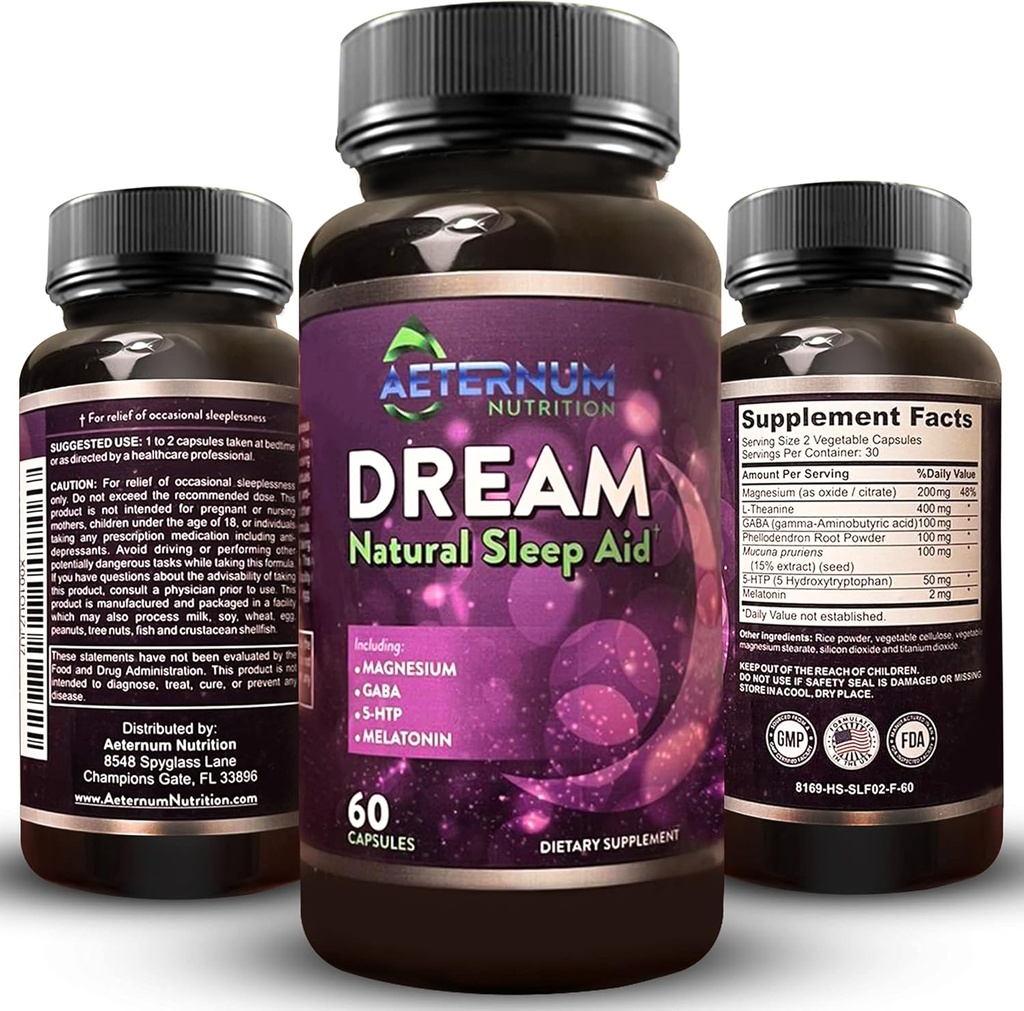 Yetişkinler için Rüya Doğal Uyku Tamamı - Rahatlamak Uyku, Uyandırdı - Kişiden Ücretsiz, Karbs - Melatonin, Magnezyum, 5HTP, L-Theanine, GABA- Non-GMO 60 Uyku Pills